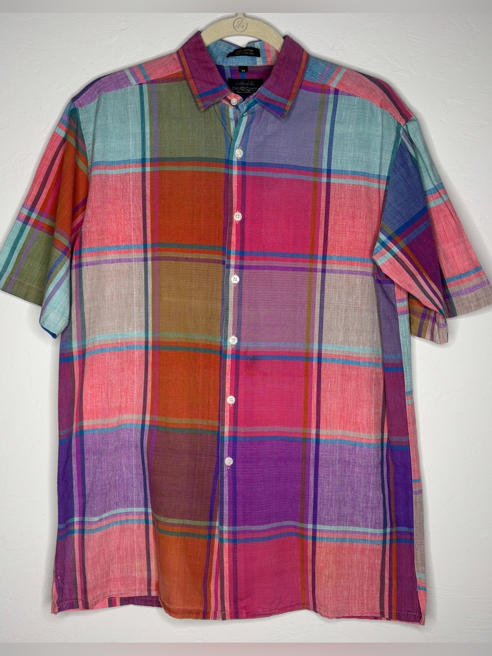 Colorblock Plaid Short Sleeve Button-Up Shirt vintage preppy summer plaid Blue M